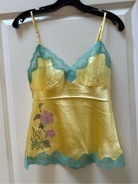 Gold Hawk 100% Silk Yellow Camisole with Teal Lace Trim & Floral Embroidery